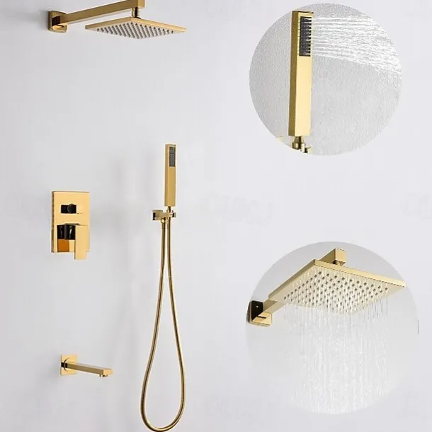Shower Faucet,8 Inch Gold Shower Faucets Sets Complete with Stainless Steel Shower Head, Solid Brass Handshower, and Rotary Nozzle Wall Mounted Installation Rainfall Shower Head System