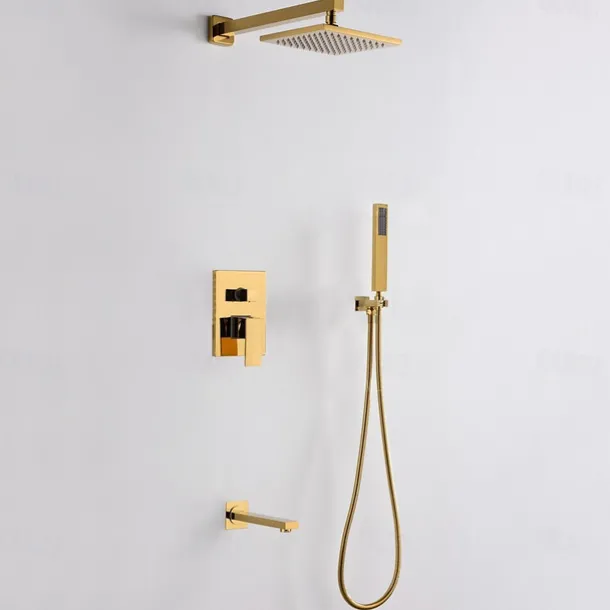 Shower Faucet,8 Inch Gold Shower Faucets Sets Complete with Stainless Steel Shower Head, Solid Brass Handshower, and Rotary Nozzle Wall Mounted Installation Rainfall Shower Head System