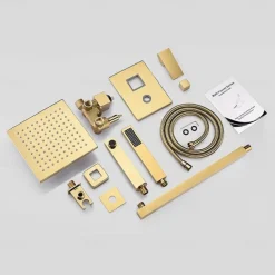 Shower Faucet,8 Inch Gold Shower Faucets Sets Complete with Stainless Steel Shower Head, Solid Brass Handshower, and Rotary Nozzle Wall Mounted Installation Rainfall Shower Head System