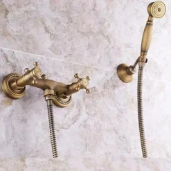 Shower Faucet Set - Handshower Included Vintage Style Antique Brass Mount Outside Brass Valve Bath Shower Mixer Taps