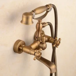 Shower Faucet Set Brass with Bathtub Spout Shower System, 2 Knob Handle Telephone Style Heldhand Showerhand 1.5m Hose Wall Mounted Tap