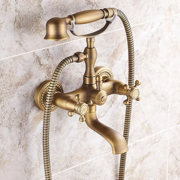 Shower Faucet Set Brass with Bathtub Spout Shower System, 2 Knob Handle Telephone Style Heldhand Showerhand 1.5m Hose Wall Mounted Tap