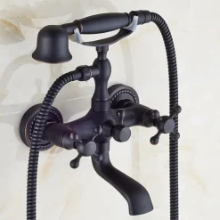 Shower Faucet Set Brass with Bathtub Spout Shower System, 2 Knob Handle Telephone Style Heldhand Showerhand 1.5m Hose Wall Mounted Tap