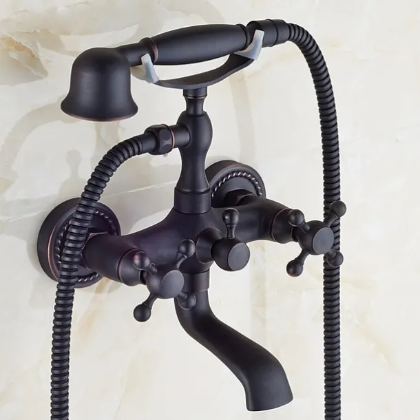 Shower Faucet Set Brass with Bathtub Spout Shower System, 2 Knob Handle Telephone Style Heldhand Showerhand 1.5m Hose Wall Mounted Tap