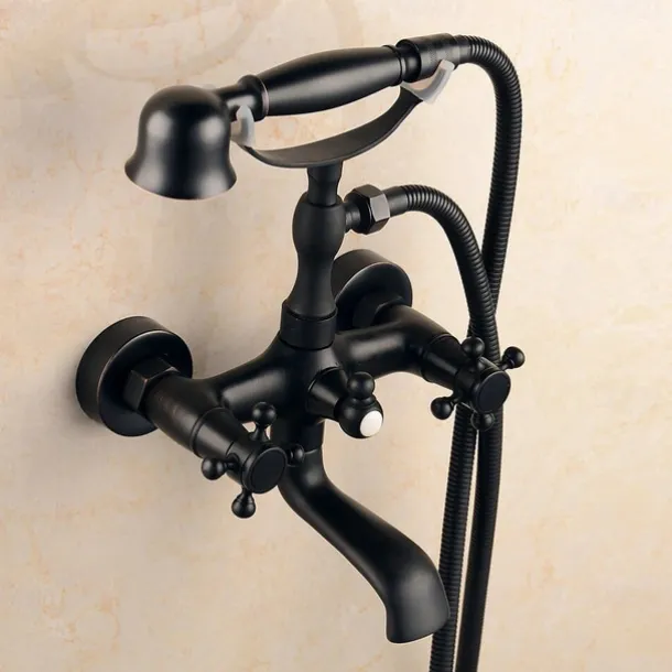 Shower Faucet Set Brass with Bathtub Spout Shower System, 2 Knob Handle Telephone Style Heldhand Showerhand 1.5m Hose Wall Mounted Tap