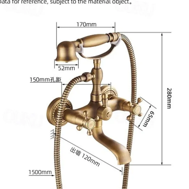 Shower Faucet Set Brass with Bathtub Spout Shower System, 2 Knob Handle Telephone Style Heldhand Showerhand 1.5m Hose Wall Mounted Tap