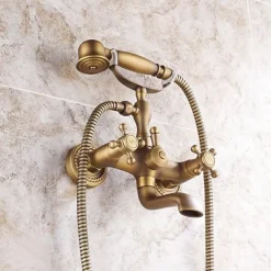 Shower Faucet Set Brass with Bathtub Spout Shower System, 2 Knob Handle Telephone Style Heldhand Showerhand 1.5m Hose Wall Mounted Tap