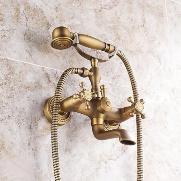 Shower Faucet Set Brass with Bathtub Spout Shower System, 2 Knob Handle Telephone Style Heldhand Showerhand 1.5m Hose Wall Mounted Tap