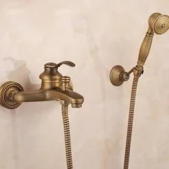 Shower Faucet Set,Mount Outside Antique Brass/Brass/Yellow Dual-Head Pullout Vintage Style, Brass Shower Faucet with Rain Shower/Handshower/Bodysprays/Drain with Hot and Cold Water