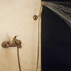 Shower Faucet Set,Mount Outside Antique Brass/Brass/Yellow Dual-Head Pullout Vintage Style, Brass Shower Faucet with Rain Shower/Handshower/Bodysprays/Drain with Hot and Cold Water