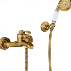 Shower Faucet Set,Mount Outside Antique Brass/Brass/Yellow Dual-Head Pullout Vintage Style, Brass Shower Faucet with Rain Shower/Handshower/Bodysprays/Drain with Hot and Cold Water