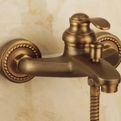 Shower Faucet Set,Mount Outside Antique Brass/Brass/Yellow Dual-Head Pullout Vintage Style, Brass Shower Faucet with Rain Shower/Handshower/Bodysprays/Drain with Hot and Cold Water