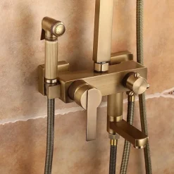 Shower Faucet,Antique Brass Shower System Set,Mount Outside Waterfall Pullout Included Multi Spray and Rainfall Shower Bath Shower Mixer Taps with Cold and Hot Switch