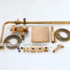 Shower Faucet,Antique Brass Shower System Set,Mount Outside Waterfall Pullout Included Multi Spray and Rainfall Shower Bath Shower Mixer Taps with Cold and Hot Switch
