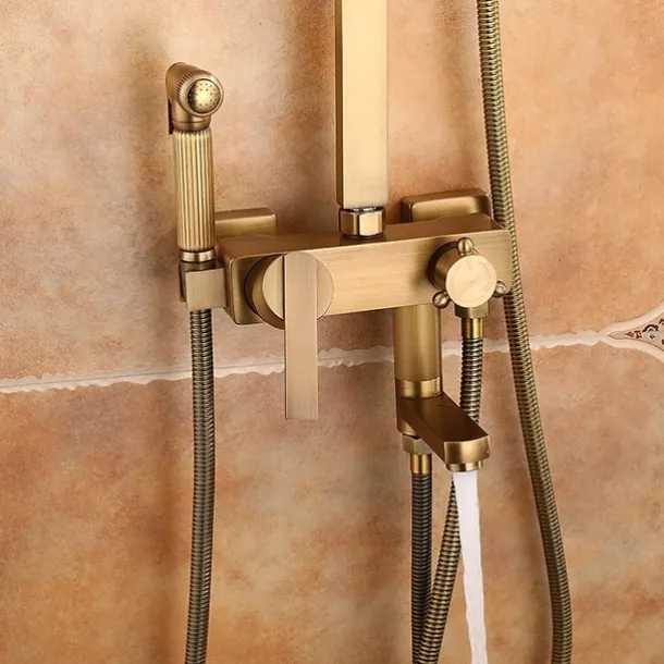 Shower Faucet,Antique Brass Shower System Set,Mount Outside Waterfall Pullout Included Multi Spray and Rainfall Shower Bath Shower Mixer Taps with Cold and Hot Switch