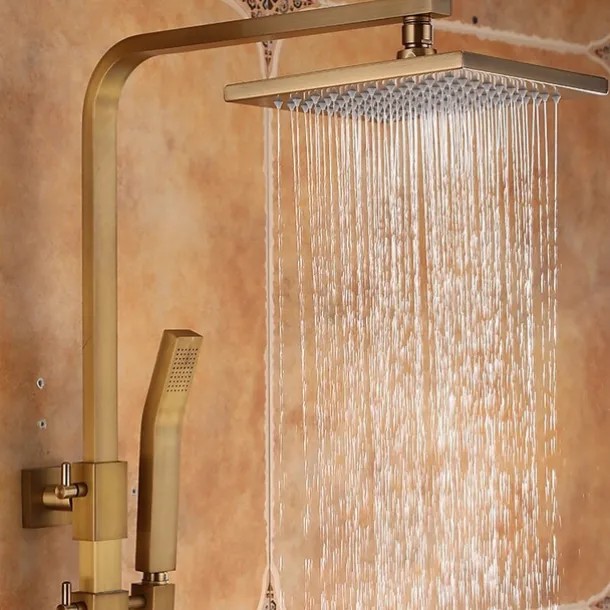 Shower Faucet,Antique Brass Shower System Set,Mount Outside Waterfall Pullout Included Multi Spray and Rainfall Shower Bath Shower Mixer Taps with Cold and Hot Switch