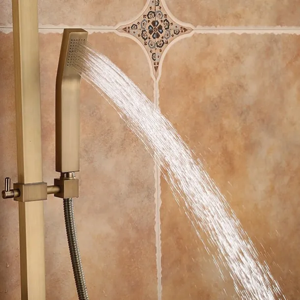 Shower Faucet,Antique Brass Shower System Set,Mount Outside Waterfall Pullout Included Multi Spray and Rainfall Shower Bath Shower Mixer Taps with Cold and Hot Switch