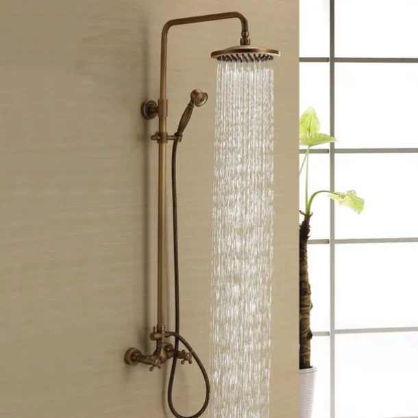 Shower Faucet,Bathroom Shower Fixture Brass Rainfall Shower Head Set with Tub Spout Shower Faucet and Handheld Spray Wall Mount Double Cross Handle with Cold/Hot Water