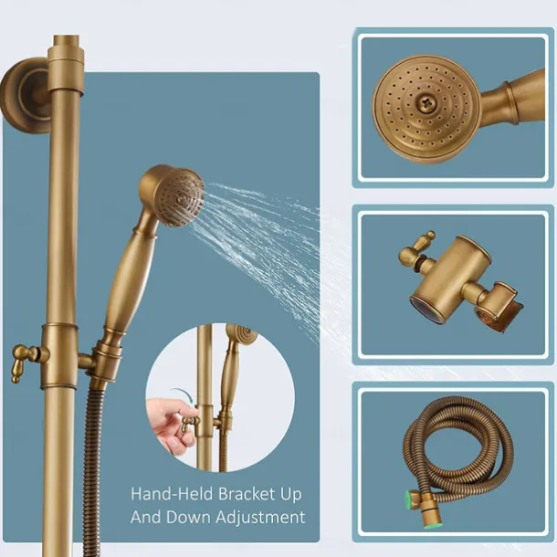 Shower Faucet,Bathroom Shower Fixture Brass Rainfall Shower Head Set with Tub Spout Shower Faucet and Handheld Spray Wall Mount Double Cross Handle with Cold/Hot Water