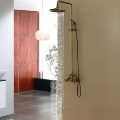 Shower Faucet,Bathroom Shower Fixture Brass Rainfall Shower Head Set with Tub Spout Shower Faucet and Handheld Spray Wall Mount Double Cross Handle with Cold/Hot Water