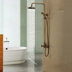 Shower Faucet,Bathroom Shower Fixture Brass Rainfall Shower Head Set with Tub Spout Shower Faucet and Handheld Spray Wall Mount Double Cross Handle with Cold/Hot Water