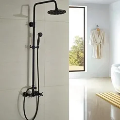 Shower Faucet,Copper Shower System Set Rainfall Antique Oil-rubbed Bronze Two Handles Three Holes Bath Shower Mixer Taps with Hot and Cold Switch and Ceramic Valve