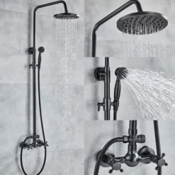 Shower Faucet,Copper Shower System Set Rainfall Antique Oil-rubbed Bronze Two Handles Three Holes Bath Shower Mixer Taps with Hot and Cold Switch and Ceramic Valve