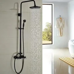 Shower Faucet,Copper Shower System Set Rainfall Antique Oil-rubbed Bronze Two Handles Three Holes Bath Shower Mixer Taps with Hot and Cold Switch and Ceramic Valve