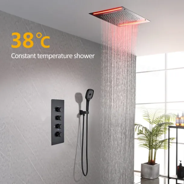 Shower Faucet,Rainfall Shower Head System / Thermostatic Mixer valve Set - Rainfall Shower Contemporary Painted Finishes Mount Inside Brass Valve Bath Shower Mixer Taps