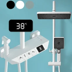 Shower Faucet,Rainfall Shower Set Piano Digital Intelligent Brass Bathroom Faucets Hot Cold Waterfall Tap Rainfall Gray/White/Black Shower System