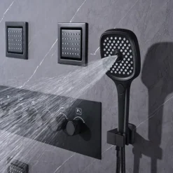 Shower Faucet,Rainfall Shower System 5-Function Thermostatic Mixer valve Body Jet Massage Set Rainfall Shower Multi Spray Shower Waterfall Contemporary Painted Finishes Mount Inside Brass Valve