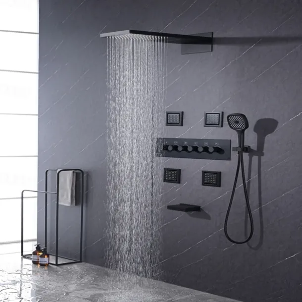 Shower Faucet,Rainfall Shower System 5-Function Thermostatic Mixer valve Body Jet Massage Set Rainfall Shower Multi Spray Shower Waterfall Contemporary Painted Finishes Mount Inside Brass Valve