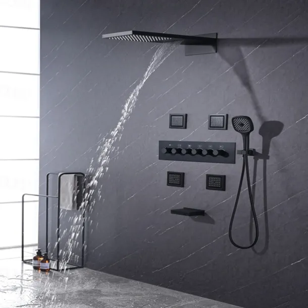 Shower Faucet,Rainfall Shower System 5-Function Thermostatic Mixer valve Body Jet Massage Set Rainfall Shower Multi Spray Shower Waterfall Contemporary Painted Finishes Mount Inside Brass Valve