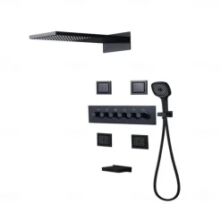 Shower Faucet,Rainfall Shower System 5-Function Thermostatic Mixer valve Body Jet Massage Set Rainfall Shower Multi Spray Shower Waterfall Contemporary Painted Finishes Mount Inside Brass Valve