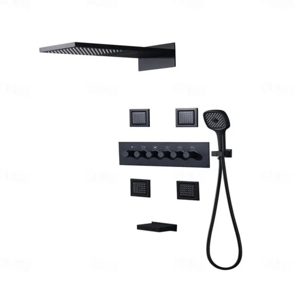 Shower Faucet,Rainfall Shower System 5-Function Thermostatic Mixer valve Body Jet Massage Set Rainfall Shower Multi Spray Shower Waterfall Contemporary Painted Finishes Mount Inside Brass Valve