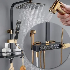 Shower Faucet,Shower System/Rainfall Shower Head System/Thermostatic Mixer valve Set Handshower Included pullout Rainfall Shower Electroplated Mount Outside Bath Shower Mixer Taps