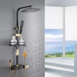 Shower Faucet,Shower System/Rainfall Shower Head System/Thermostatic Mixer valve Set Handshower Included pullout Rainfall Shower Electroplated Mount Outside Bath Shower Mixer Taps
