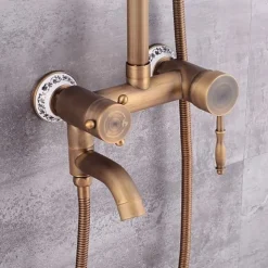 Shower Faucet,Shower System Set - Handshower Included pullout Waterfall Vintage Style / Country Antique Brass Mount Outside Ceramic Valve Bath Shower Mixer Taps