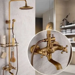 Shower Faucet,Shower System Set,Rainfall Antique Brass Shower Fixture 8 Inch Shower Head Handled Shower Waterfall Tub Spout Wall Mounted Outdoor Shower System with Shower Shelf