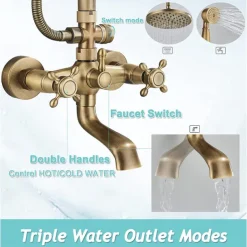 Shower Faucet,Shower System Set,Rainfall Antique Brass Shower Fixture 8 Inch Shower Head Handled Shower Waterfall Tub Spout Wall Mounted Outdoor Shower System with Shower Shelf