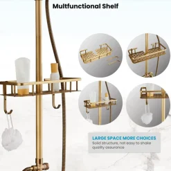 Shower Faucet,Shower System Set,Rainfall Antique Brass Shower Fixture 8 Inch Shower Head Handled Shower Waterfall Tub Spout Wall Mounted Outdoor Shower System with Shower Shelf