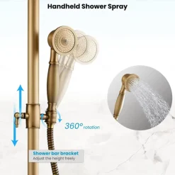 Shower Faucet,Shower System Set,Rainfall Antique Brass Shower Fixture 8 Inch Shower Head Handled Shower Waterfall Tub Spout Wall Mounted Outdoor Shower System with Shower Shelf