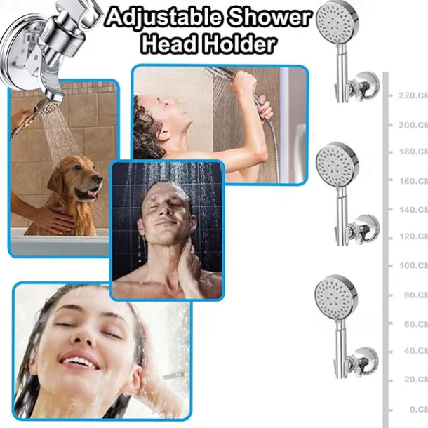 Shower Head Holder Suction Cup Shower Head Holder Adjustable Height Wall Mount Shower Wand Holder Bracket ABS Removable Handheld Shower Head Holder Silver