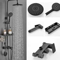 Shower System Faucet Combo Set with 8" Rain Showerhead, Multi-Function Hand Shower, Adjustable Slide Bar and Soap Dish Wall Mounted Ceramic Valve Bath Shower Mixer Taps