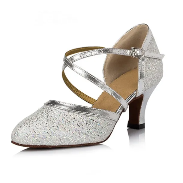 Silver Glitter Dance Shoes with Cross-Strap and Buckle Detail – Comfortable Ballroom and Latin Dance Heels for Women
