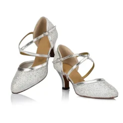 Silver Glitter Dance Shoes with Cross-Strap and Buckle Detail – Comfortable Ballroom and Latin Dance Heels for Women