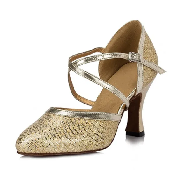 Silver Glitter Dance Shoes with Cross-Strap and Buckle Detail – Comfortable Ballroom and Latin Dance Heels for Women