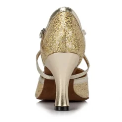 Silver Glitter Dance Shoes with Cross-Strap and Buckle Detail – Comfortable Ballroom and Latin Dance Heels for Women