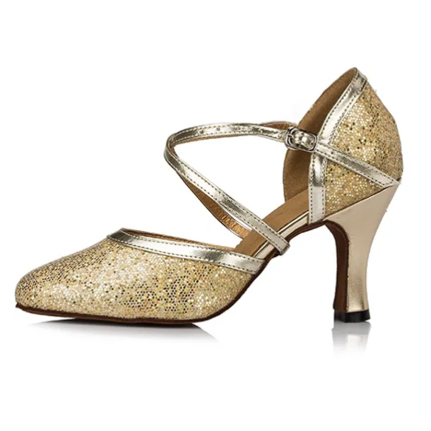 Silver Glitter Dance Shoes with Cross-Strap and Buckle Detail – Comfortable Ballroom and Latin Dance Heels for Women