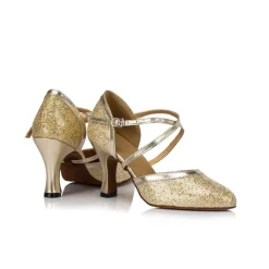 Silver Glitter Dance Shoes with Cross-Strap and Buckle Detail – Comfortable Ballroom and Latin Dance Heels for Women